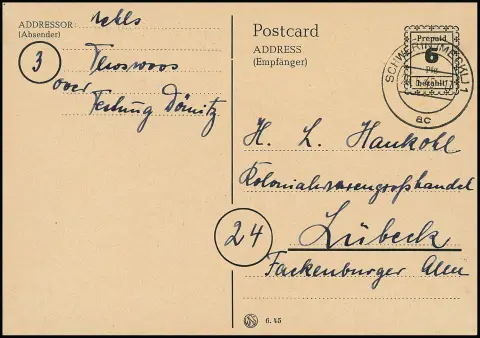 Цельная вещь Мекленбурга 6 пф. чёрная, редкая P791I, безупречно гашёная из Шверина, 20.6.1945, в Любек. Редкость цельных вещей (первый выпуск, тип…