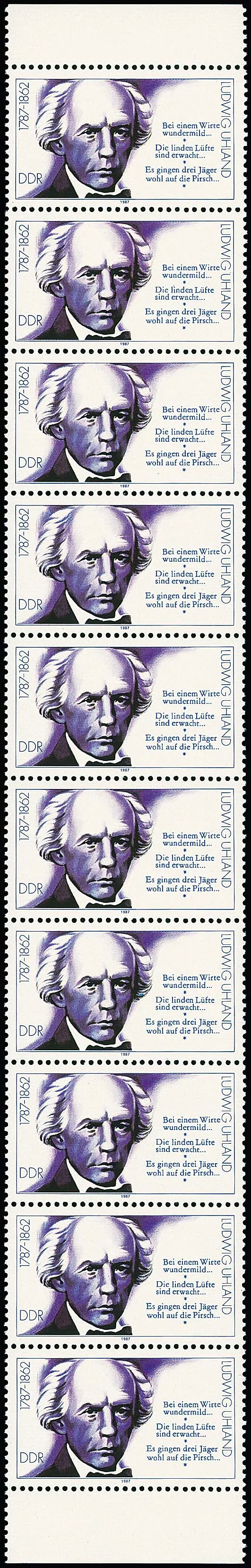 10 Pfg. Uhland, bande verticale de dix neuf, chaque timbre avec variété "sans chiffre de valeur", Mi. 4000,- +