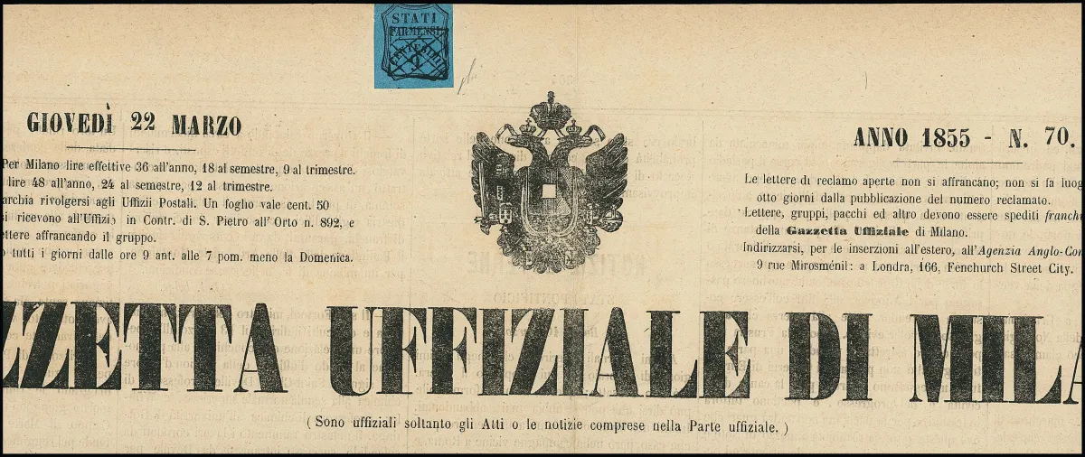 Krantenzegel 9 C. zwart/blauw, drie zijden brede marges, op complete kop van de Milanese krant 1855. Mi. gestempeld 20.000,- (krant 54.000,-), certificaat Dr. Avi