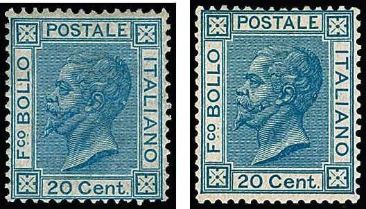 20 C. bleu et bleu clair chacun non oblitéré, rare dans cet état. Mi. pour charnière 1850,- ++, certificats Dr. Chiavarello