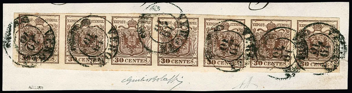 30 C. braun, Handpapier, seltener und voll-, meist sehr breitrandiger Siebener-Streifen auf frischem Briefstück mit K2 "Verona", Mi. für Viererblock schon…