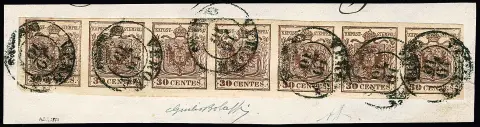 30 C. braun, Handpapier, seltener und voll-, meist sehr breitrandiger Siebener-Streifen auf frischem Briefstück mit K2 "Verona", Mi. für Viererblock schon…