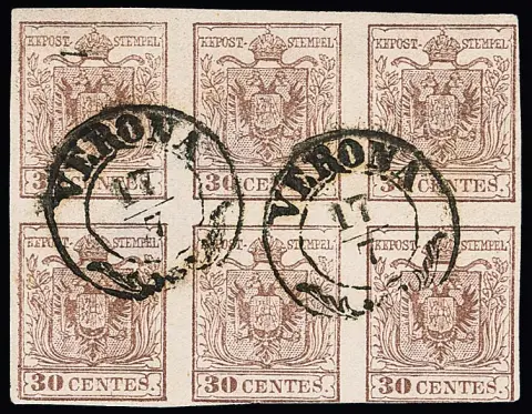 30 C. braun, Maschinenpapier, im Sechserblock (rechte untere Marke berührt, Dünnstellen), klar entwertet mit K2 "Verona", eine seltene Einheit, Michel nur für…