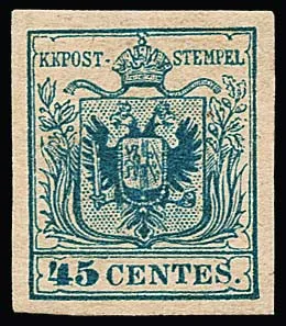 45 C. blue, machine paper, unused superb item with original gum, certificate Diena. Mi. 7000,-