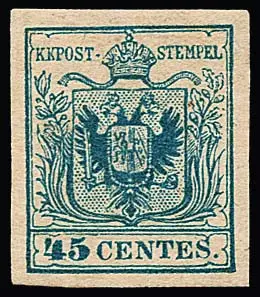 45 C. blauw, machinaal papier, ongebruikt prachtexemplaar met originele gom, certificaat Diena. Mi. 7000,-