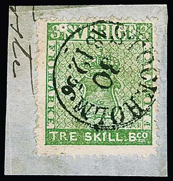 3 Sk. hellgrün auf Kabinettbriefstück mit klarem K1 "Stockholm" aus 1856. Marke noch mit Besonderheit "großer weißer Fleck an linker oberer 3", Atteste…