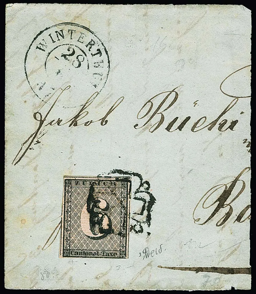 Zürich 6 Rp. black, horizontal red line underprint, bottom right slightly "magnifying glass margin", otherwise wide-margined and flawless, on half letter with better secondary K2 "Winterthur" and black rosette, signed Weid and certificate Marchand. Mi. used 1500,- ++