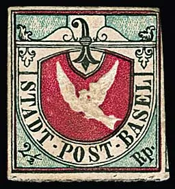 Basel 2 1/2 Rp. schw./mattgrünlichblau/rotkarmin, 2. Auflage des sog. "Basler Täubchens" ungebraucht mit nicht originaler Gummistruktur (etwas hell). Die…