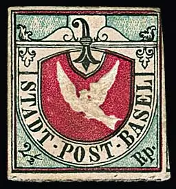 Basel 2 1/2 Rp. schw./mattgrünlichblau/rotkarmin, 2. Auflage des sog. "Basler Täubchens" ungebraucht mit nicht originaler Gummistruktur (etwas hell). Die…