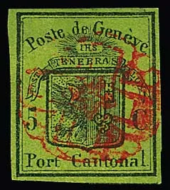 Genf 5 C. noir/vert jaune, pour ce timbre difficile pièce de cabinet exceptionnellement très large sur tous les côtés avec rosette rouge centrée. Position 49 de la feuille de 100, rare dans cette qualité de coupe ! Certificat Rellstab. Mi. 1700,-