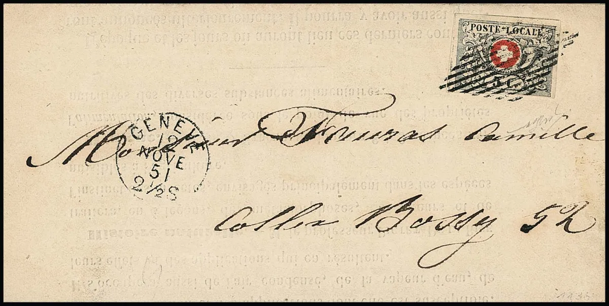 Vaud 5 C. noir/rouge, bords complets en bas, sinon larges, sur entier postal de cabinet complet de Genève (K1 du 12.11.1851 et losange fédéral). Sign. Nussbaum et certificat Rellstab. Mi. 3000,-
