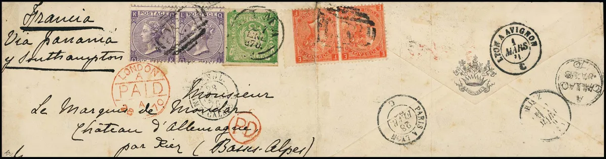 1 Din. gelbgrün mit K2 "Lima", weitgehend voll- bis breitrandig, in Mischfrankatur mit zwei Paaren Großbritannien 4 P. orangerot (eine Marke Falte, da um…