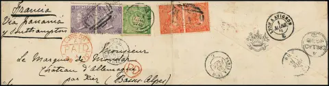 1 Din. gelbgrün mit K2 "Lima", weitgehend voll- bis breitrandig, in Mischfrankatur mit zwei Paaren Großbritannien 4 P. orangerot (eine Marke Falte, da um…
