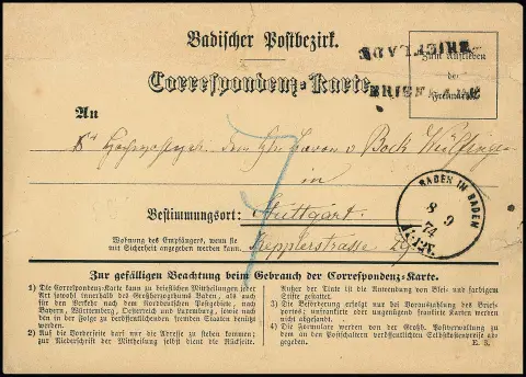 "Baden in Baden", 1874, K1 klar mit zwei Neben-L1 "Brieflade" auf etwas fehlerhafter und mit "7" Kr. (!) nachtaxierter Correspondenz-Karte nach Stuttgart