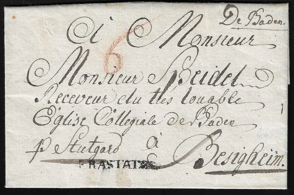 "Baden", 1785, dépôt ms. "De Baden", avec L1 "DE RASTATT", sur lettre vers Besigheim