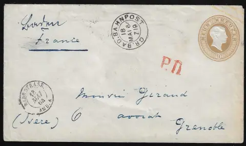 "Baden", hs. Bahnpost-Aufgabe, nebst Bahnpost-K2, klar auf Ganzsache 9 Kr. braun nach Grenoble