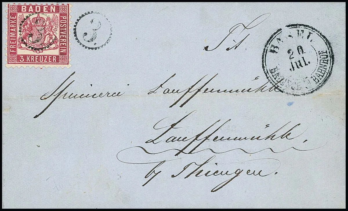 "Basel Badischer Bahnhof", secondary K2, stamp cancelled with clock-wheel "3", on folded letter (from Brombach 1873) with perfect 3 Kr. pink