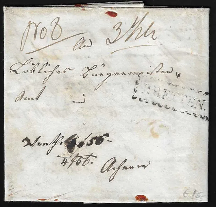 "Bretten", 1855, serrated Ra1 on value letter