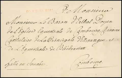 "Bruchsal", (1732), ancien envoi ms. "de Brouchsal" sur lettre pour Hanovre, ainsi que le premier L1 "DE BROUCHSAL" en rouge tendre sur lettre de noblesse 1753 avec contenu