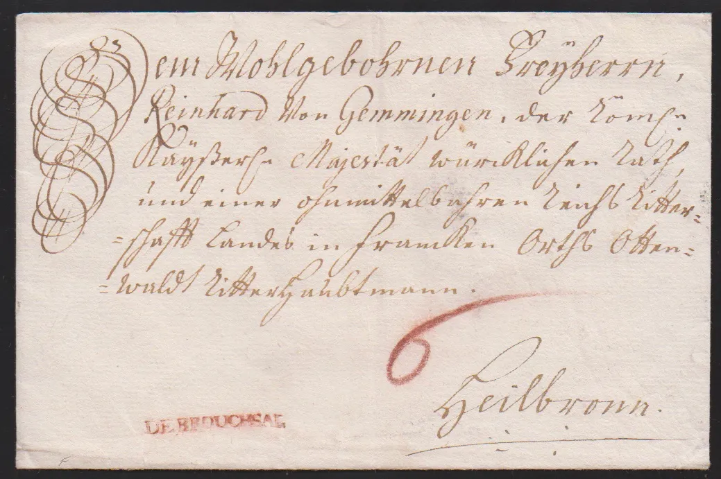 "Bruchsal", (1747), první L1 "DE BROUCHSAL" v červené jasně na šlechtické obálce