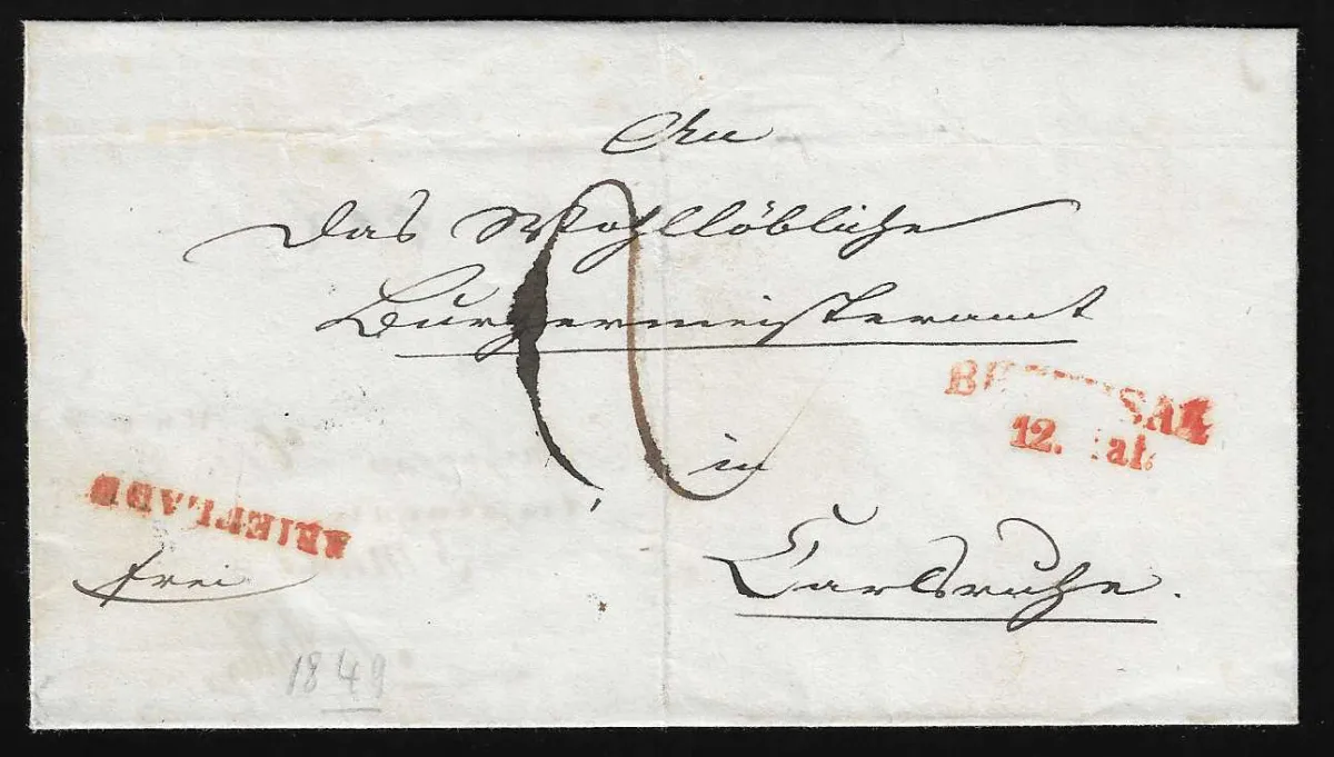 "Bruchsal", 1849, L2 rouge et L1 "Brieflade" sur lettre doublement utilisée