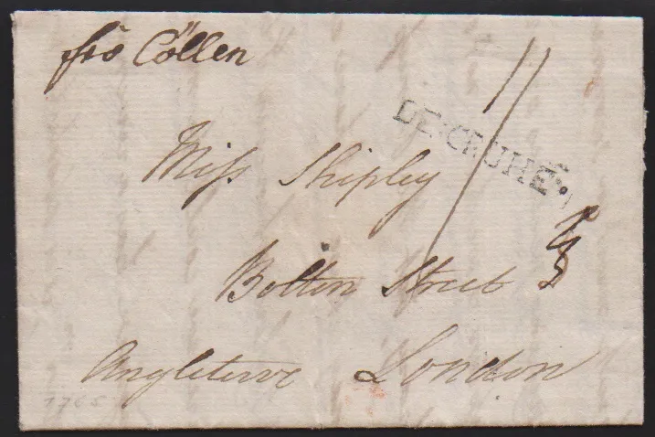 "Carlsruhe", 1785/89, eerste L1 "DE:CRUHE" op twee brieven, de eerste een vroege buitenlandse brief "fro. Cöllen" naar Londen