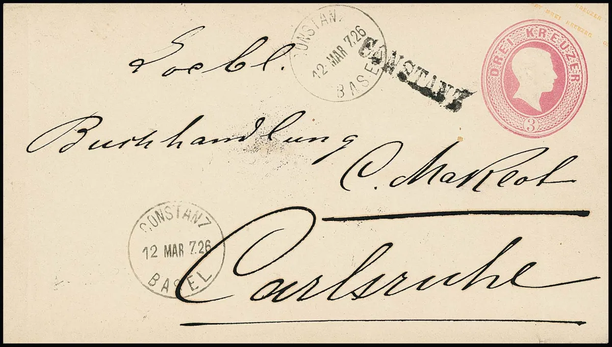 "Constanz", station L1 and railway post K1 "Constanz-Basel" clear on 3 Kr. pink postal stationery (slight crease at left margin)