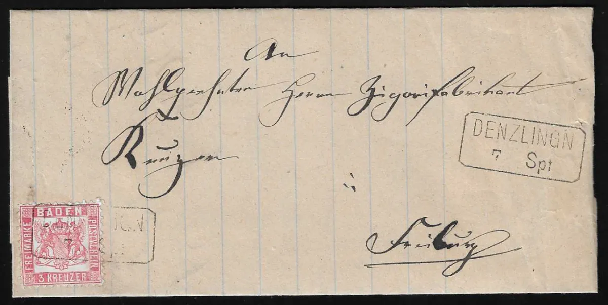 "Denzlingen", Billet-Ra2 net sur lettre de cabinet 3 Kr. rose