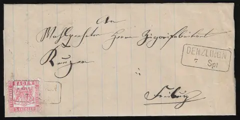"Denzlingen", Billet-Ra2 net sur lettre de cabinet 3 Kr. rose