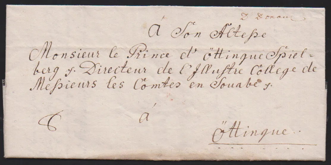 "Donaueschingen", 1771, ms. posting "D' Donaue.", also (1795) ms. posting "De Donaueschingen" (2) and 1804 and 1806 the first L1 "DE DONAUESHINGES" (before 1805 rarely used!) and 1803 L1 "R.2. DONAUESCHINGEN", on six letters in total