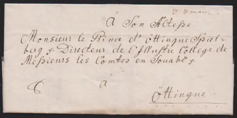"Donaueschingen", 1771, dépôt ms. "D' Donaue.", plus (1795) dépôt ms. "De Donaueschingen" (2) ainsi que 1804 et 1806 le premier L1 "DE DONAUESHINGES" (avant 1805 rarement utilisé !) et 1803 L1 "R.2. DONAUESCHINGEN", sur six lettres au total
