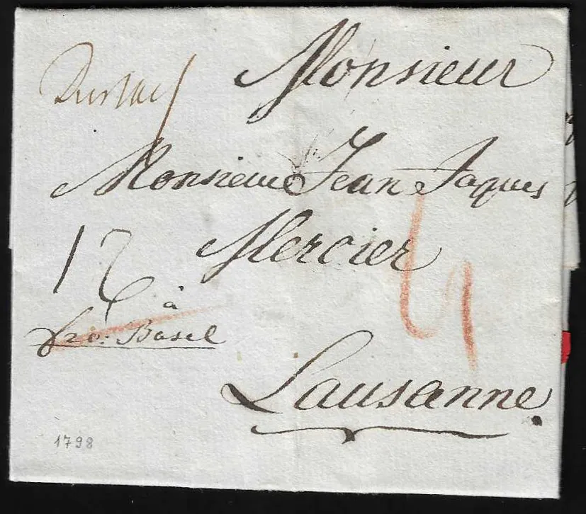 "Durlach", 1798, handschriftliche Aufgabe auf Teilfrankobrief "fro. Basel" nach Lausanne