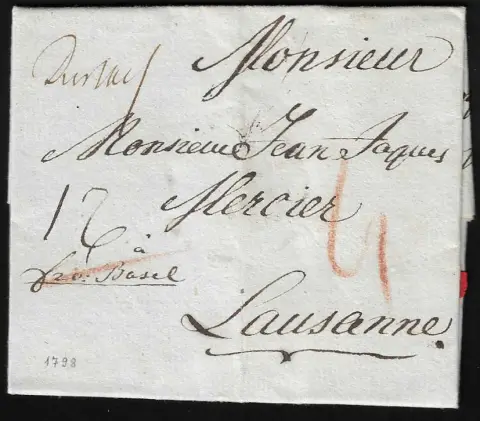 "Durlach", 1798, dépôt manuscrit sur lettre partiellement affranchie "fro. Basel" pour Lausanne