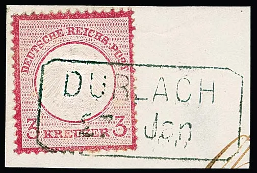 "Durlach", reused Billet-Ra2 on letter piece 3 Kr. small breast shield, signed Seeger