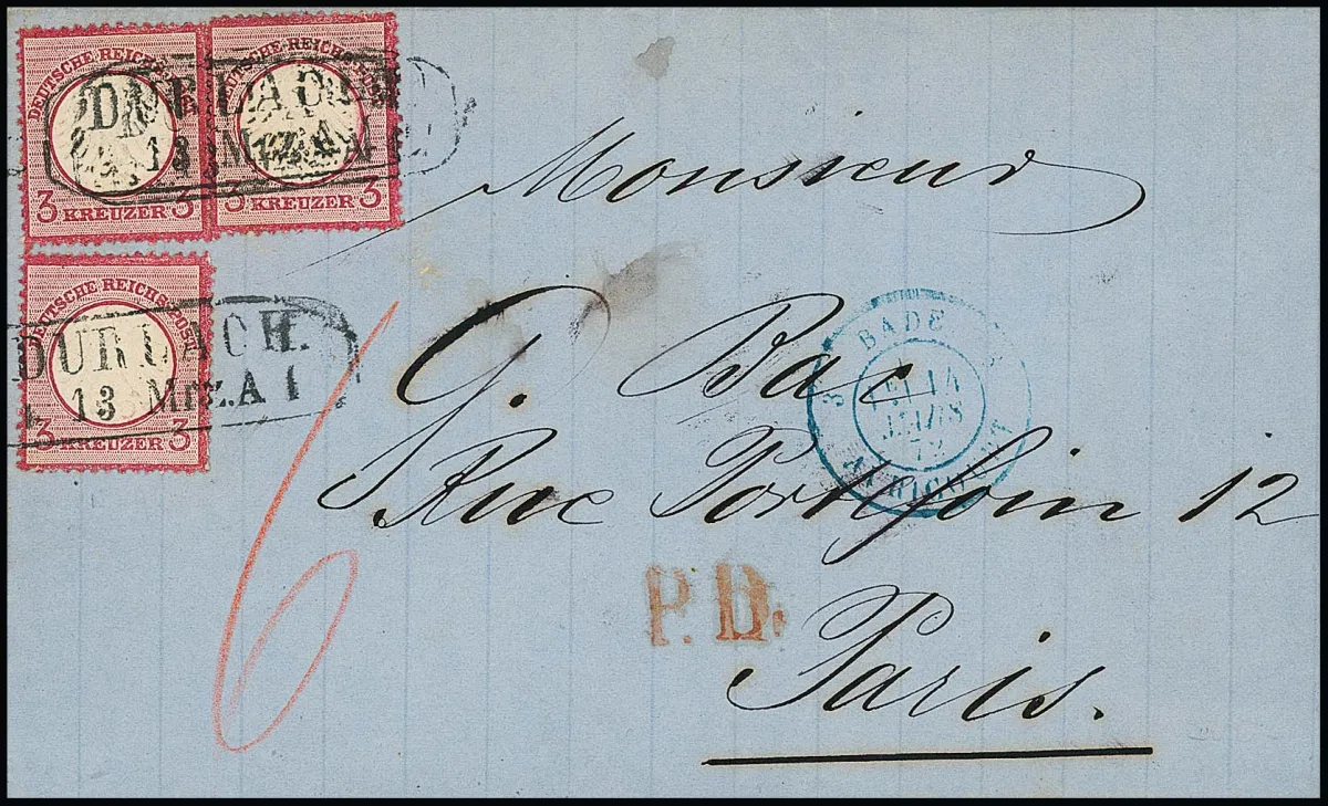 "Durlach", nachverw. Ra2 klar auf Auslandsbrief mit dreimal 3 Kr. karmin, gr. Brustschild, nach Paris