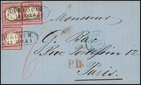 "Durlach", Ra2 réexpédié clair sur lettre étrangère avec trois fois 3 Kr. carmin, grand blason de poitrine, vers Paris