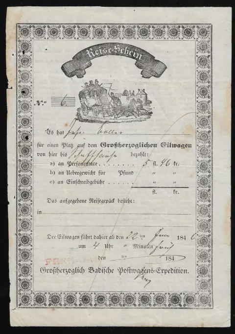 "Freiburg", 1846, L1 rouge sur bulletin de voyage de poste d' diligence décoratif (légères traces d'usage)