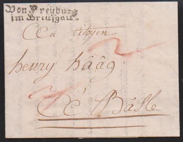 "Freiburg", first and second L1 "DE FREYBOURG" on two letters, the latter from 1767, and Fraktur L2 "Von Freyburg im Breüsgau" on letter 1799 to Basel.…