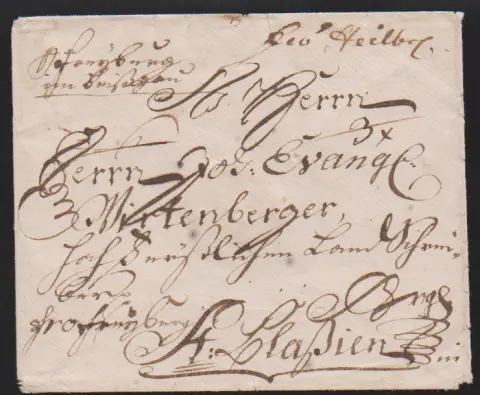 "Freyburg im Breißgau", mention manuscrite sur enveloppe (1770) pour St. Blasien, au verso ancienne note d'exprès à "tous les maîtres de poste"