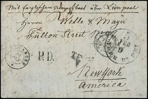 "Furtwangen", 1836, K2 sur lettre outre-mer (traces d'usage typiques) via France/Angleterre vers New York