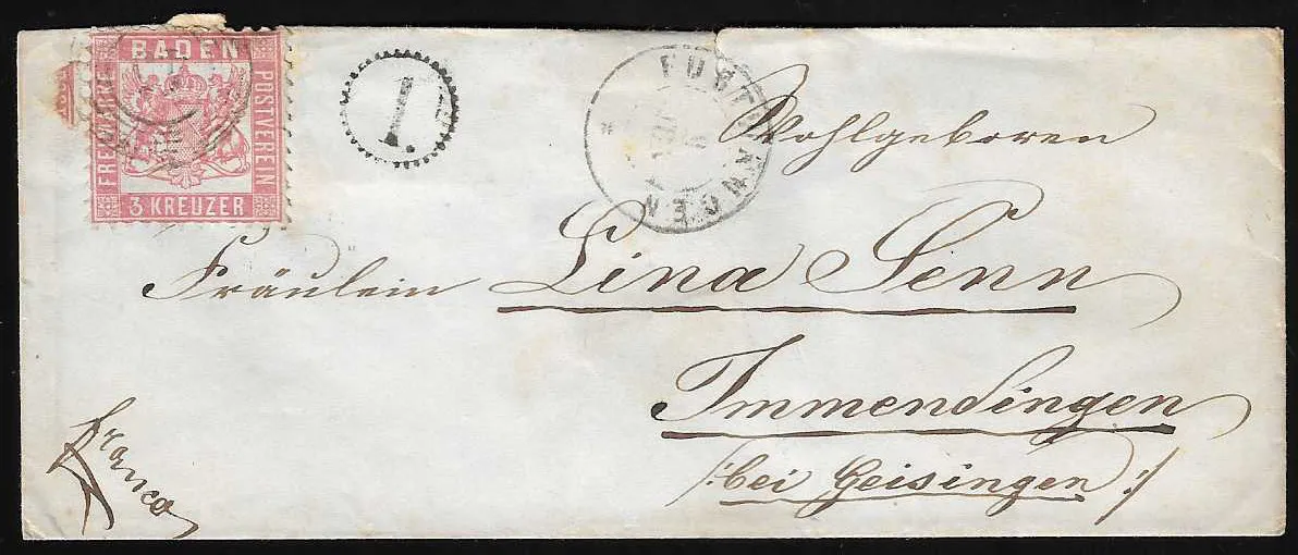 "Furtwangen", sechs Briefe 3 Kr. rosa, davon fünf Damencouverts aus einer Korrespondenz, zwei mit NS "45", drei mit K2, viermal Uhrrad-Nebenstempel "1"