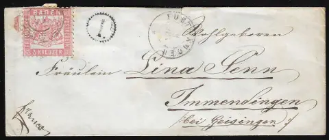 "Furtwangen", six lettres 3 Kr. rose, dont cinq enveloppes de dame d'une correspondance, deux avec NS "45", trois avec K2, quatre fois cachet horaire "1"