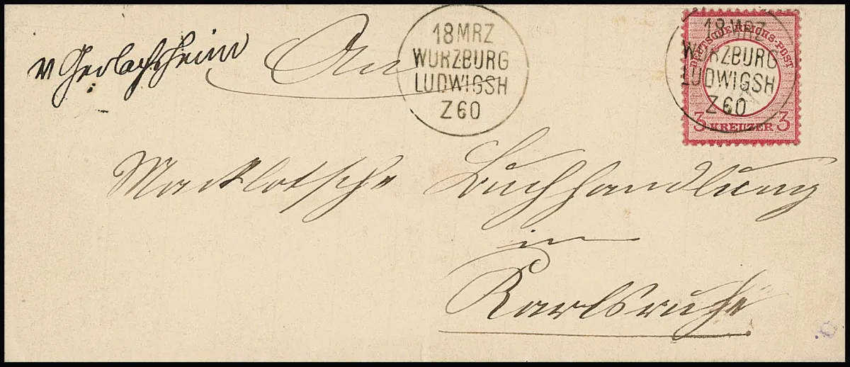 "Gerlachheim", dépôt manuscrit de la poste ferroviaire et bon cachet de train K1 "Würzburg-Ludwigsh." après usage comme oblitération sur enveloppe de dame avec pièce de choix 3 Kr. petit écu
