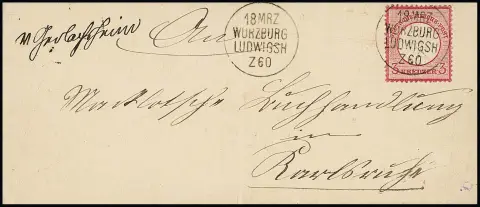 "Gerlachheim", dépôt manuscrit de la poste ferroviaire et bon cachet de train K1 "Würzburg-Ludwigsh." après usage comme oblitération sur enveloppe de dame avec pièce de choix 3 Kr. petit écu