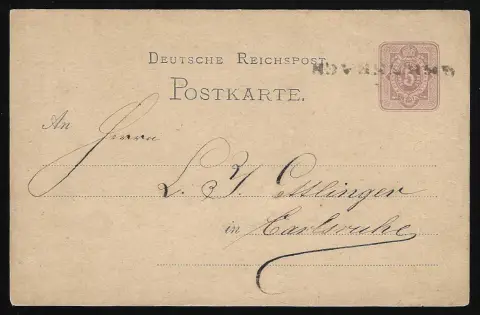 "Gernsbach", 1875, L1 tardif après usage sur carte postale 5 Pfg. Empire allemand