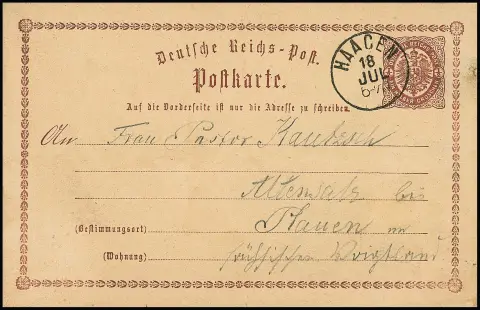 "Haagen", cachet K1 bad. réutilisé clair sur carte postale entière 1/2 Gr. brun pour Altensalza près de Plauen, texte détaillé écrit à Bâle au verso, usage rare de la carte Groschen en zone Kreuzer