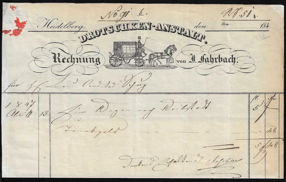 "Heidelberg", 1847, "Droschken-Anstalt", partie supérieure d'une facture préimprimée avec illustration décorative de calèche