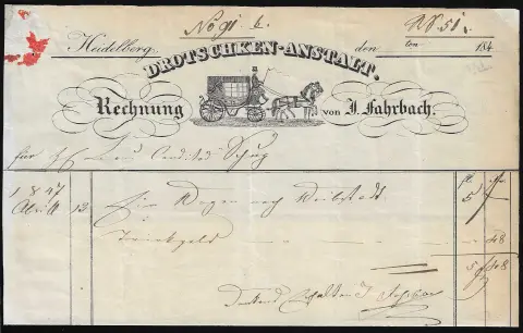 "Heidelberg", 1847, "Droschken-Anstalt", partie supérieure d'une facture préimprimée avec illustration décorative de calèche