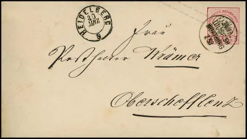"Heidelberg", cachet K2 réutilisé et rare cachet K1 de poste ferroviaire "Ludwigsh.-Würzburg" net sur entier 3 Kr. kl. Brustschild