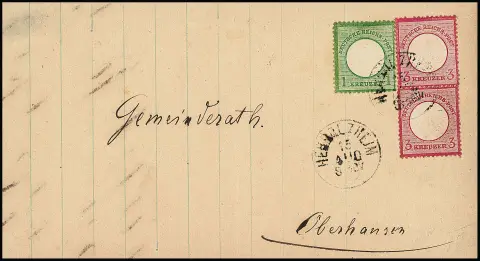 "Herbolzheim", K1 réutilisé sur lettre magnifique avec petits écus 1 et deux fois 3 Kr., ainsi que sur lettre 10 Pfge.